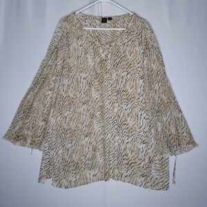 Capri Women Chiffon Top Women 3X Pleated Beige Safari Animal Tie Laced Flare 3/4